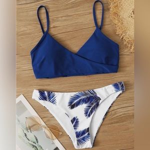 blue and white bikini